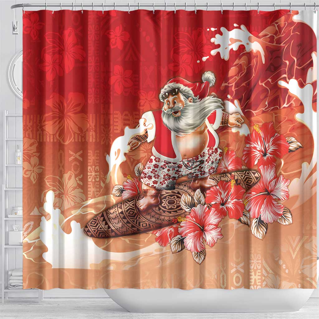 Hawaii Funny Christmas Shower Curtain Santa Surfing With Tapa Pattern - Polynesian Pride