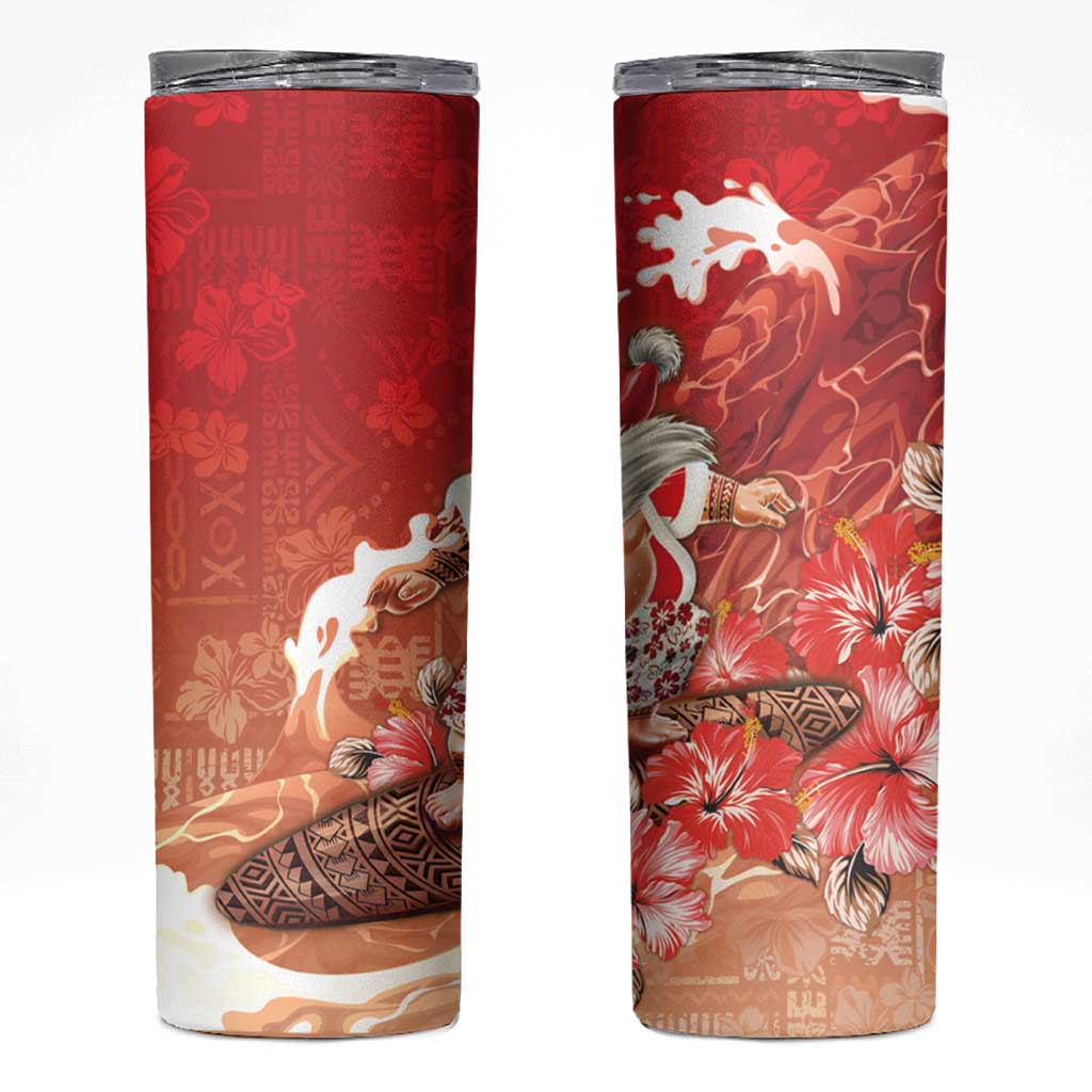 Hawaii Funny Christmas Skinny Tumbler Santa Surfing With Tapa Pattern - Polynesian Pride
