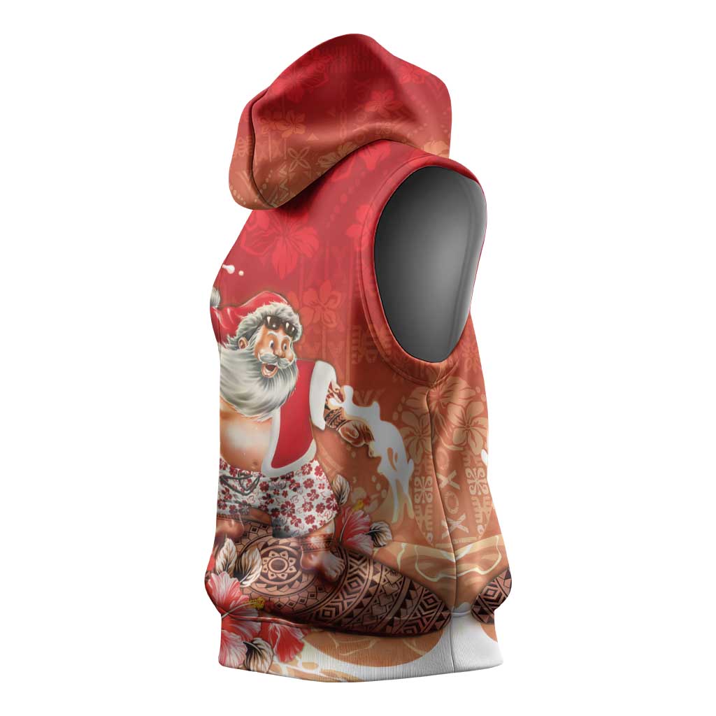 Hawaii Funny Christmas Sleeveless Hoodie Santa Surfing With Tapa Pattern - Polynesian Pride