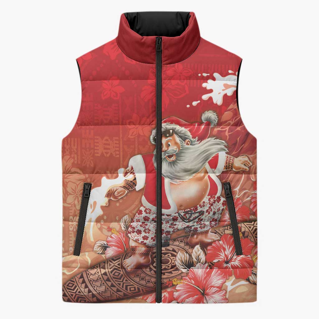Hawaii Funny Christmas Sleeveless Puffer Jacket Santa Surfing With Tapa Pattern LT05 Unisex Red - Polynesian Pride