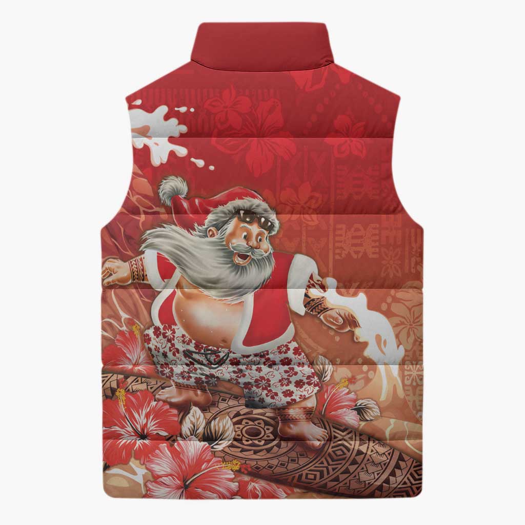 Hawaii Funny Christmas Sleeveless Puffer Jacket Santa Surfing With Tapa Pattern LT05 - Polynesian Pride