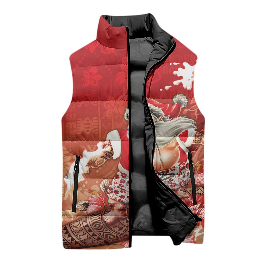 Hawaii Funny Christmas Sleeveless Puffer Jacket Santa Surfing With Tapa Pattern LT05 - Polynesian Pride
