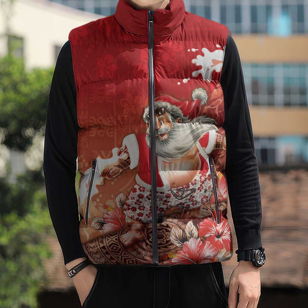 Hawaii Funny Christmas Sleeveless Puffer Jacket Santa Surfing With Tapa Pattern LT05 - Polynesian Pride