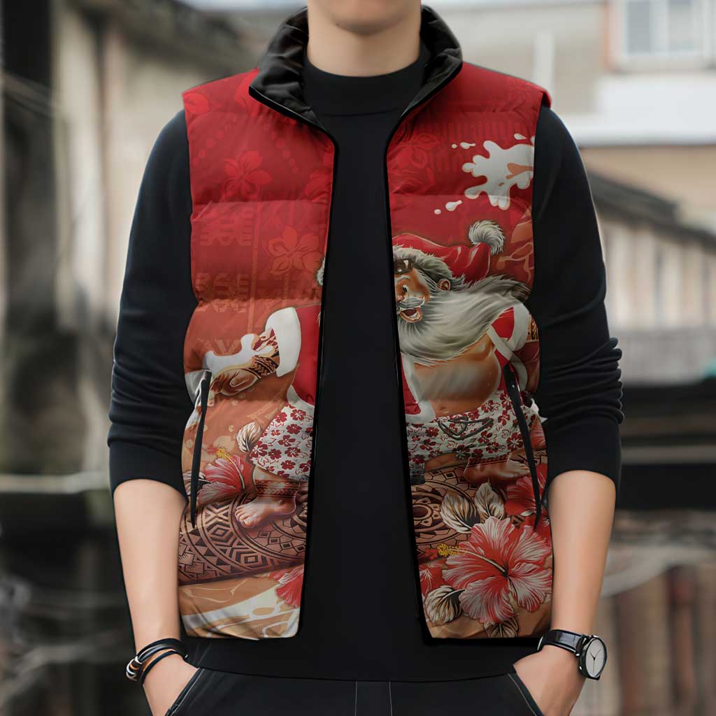 Hawaii Funny Christmas Sleeveless Puffer Jacket Santa Surfing With Tapa Pattern LT05 - Polynesian Pride