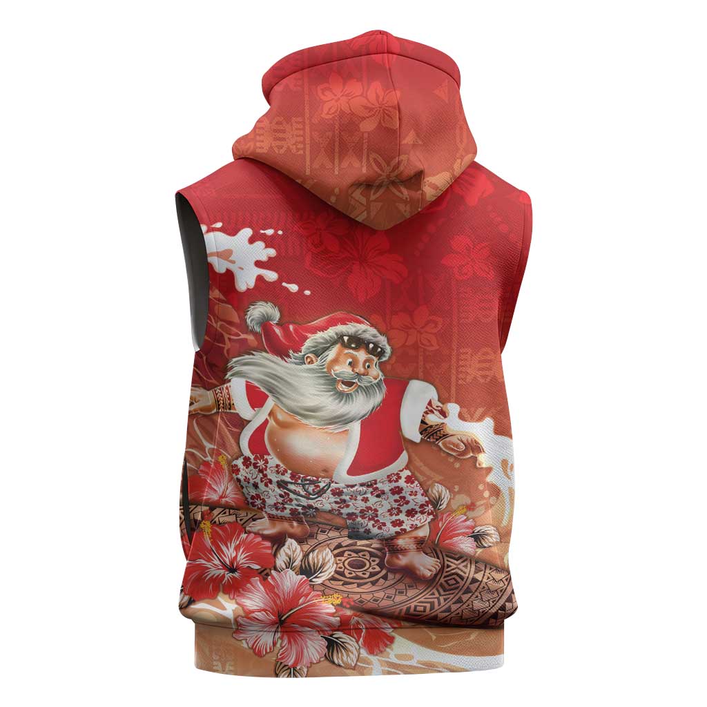 Hawaii Funny Christmas Sleeveless Zip Hoodie Santa Surfing With Tapa Pattern - Polynesian Pride