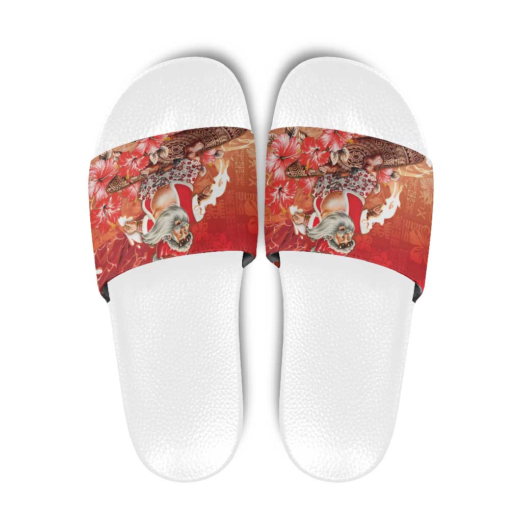 Hawaii Funny Christmas Slide Sandals Santa Surfing With Tapa Pattern - Polynesian Pride