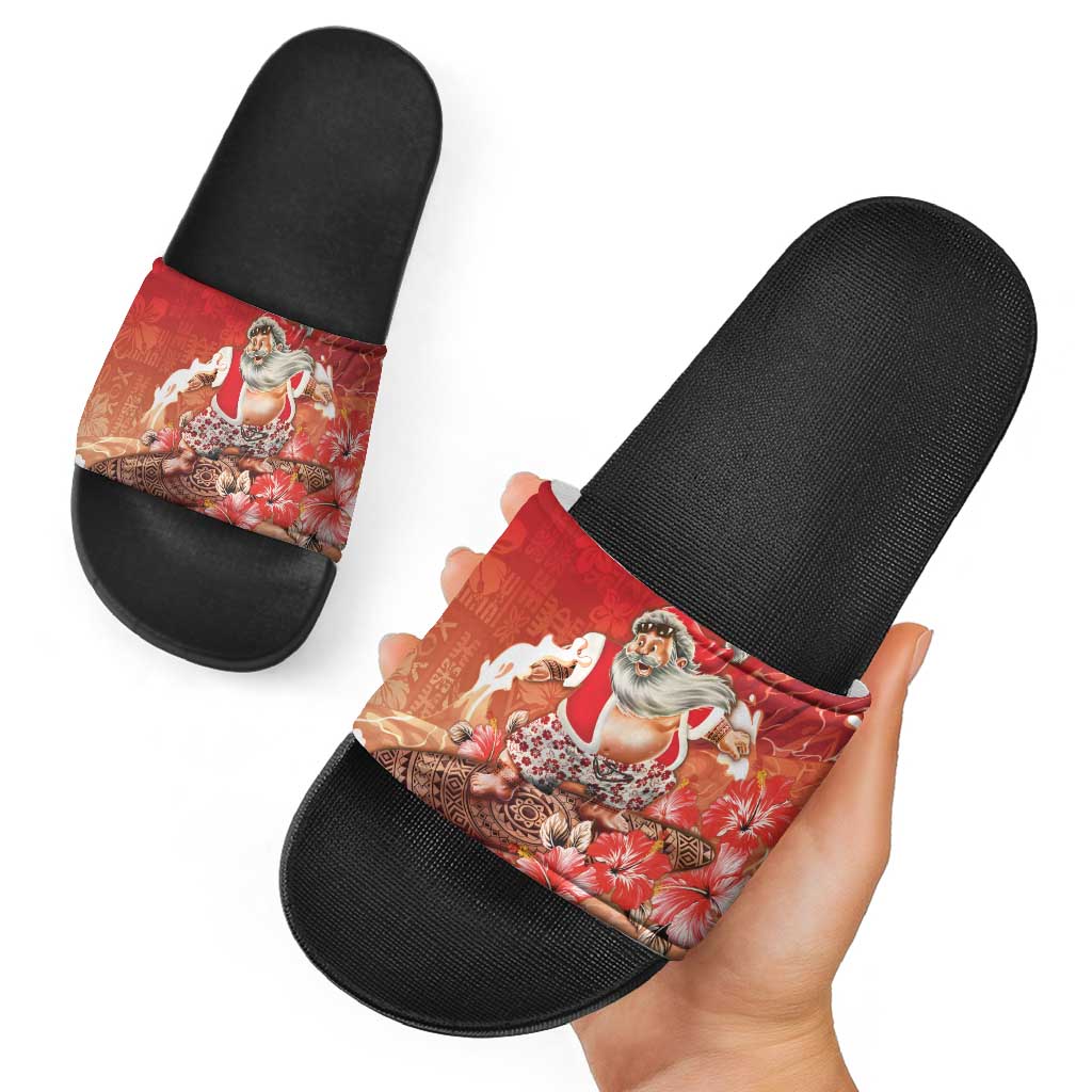 Hawaii Funny Christmas Slide Sandals Santa Surfing With Tapa Pattern - Polynesian Pride