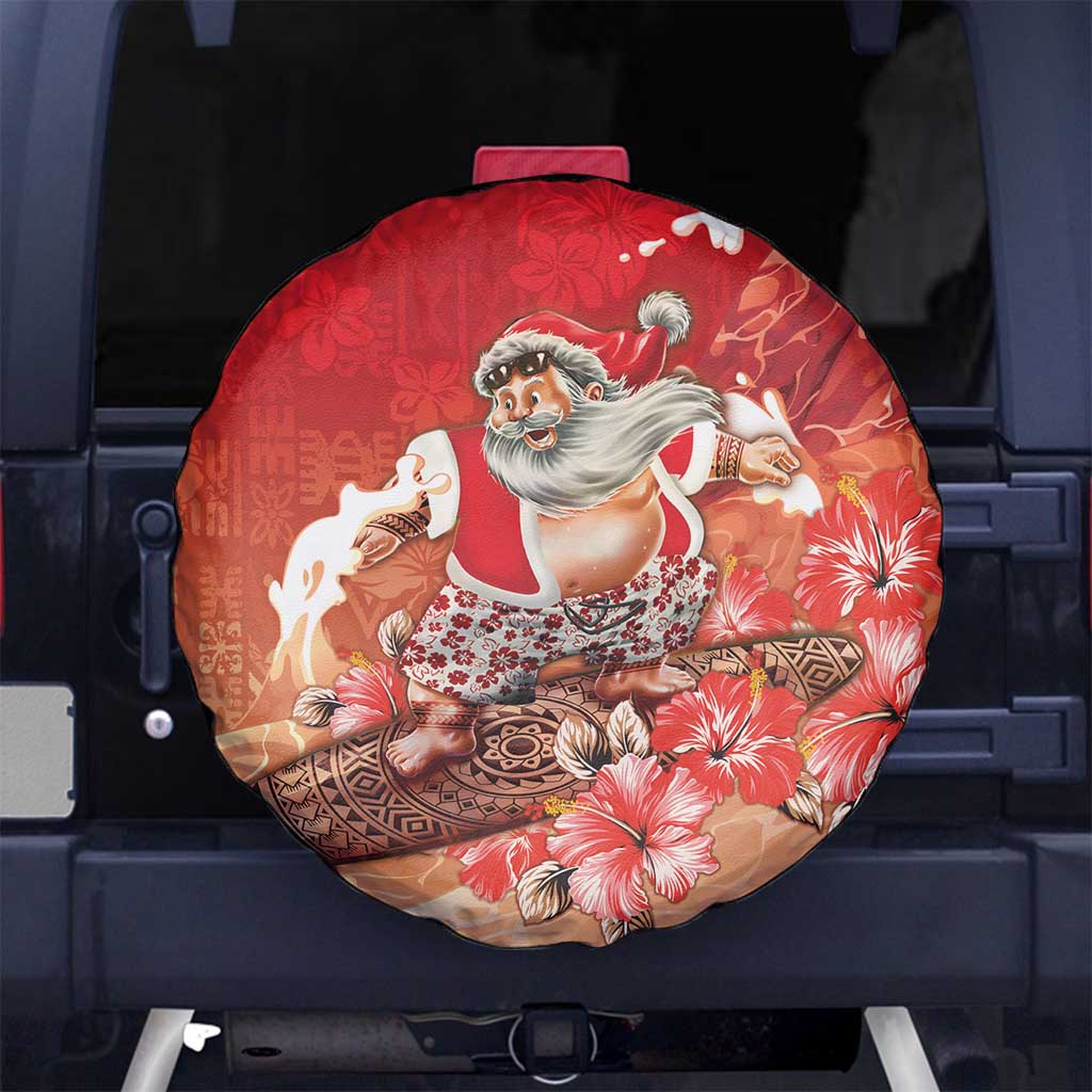 Hawaii Funny Christmas Spare Tire Cover Santa Surfing With Tapa Pattern - Polynesian Pride