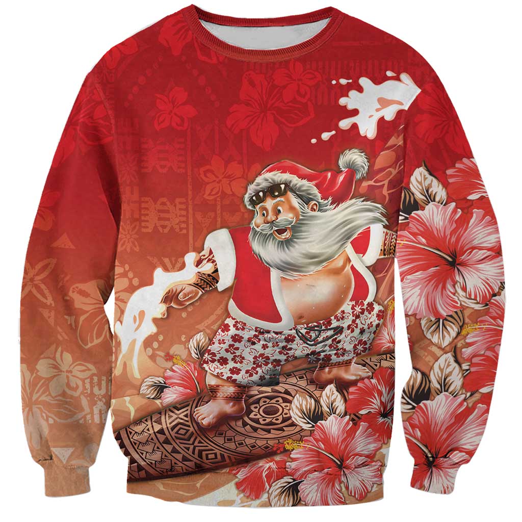 Hawaii Funny Christmas Sweatshirt Santa Surfing With Tapa Pattern LT05 Unisex Red - Polynesian Pride