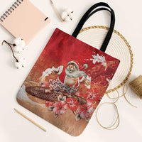 Hawaii Funny Christmas Tote Bag Santa Surfing With Tapa Pattern - Polynesian Pride
