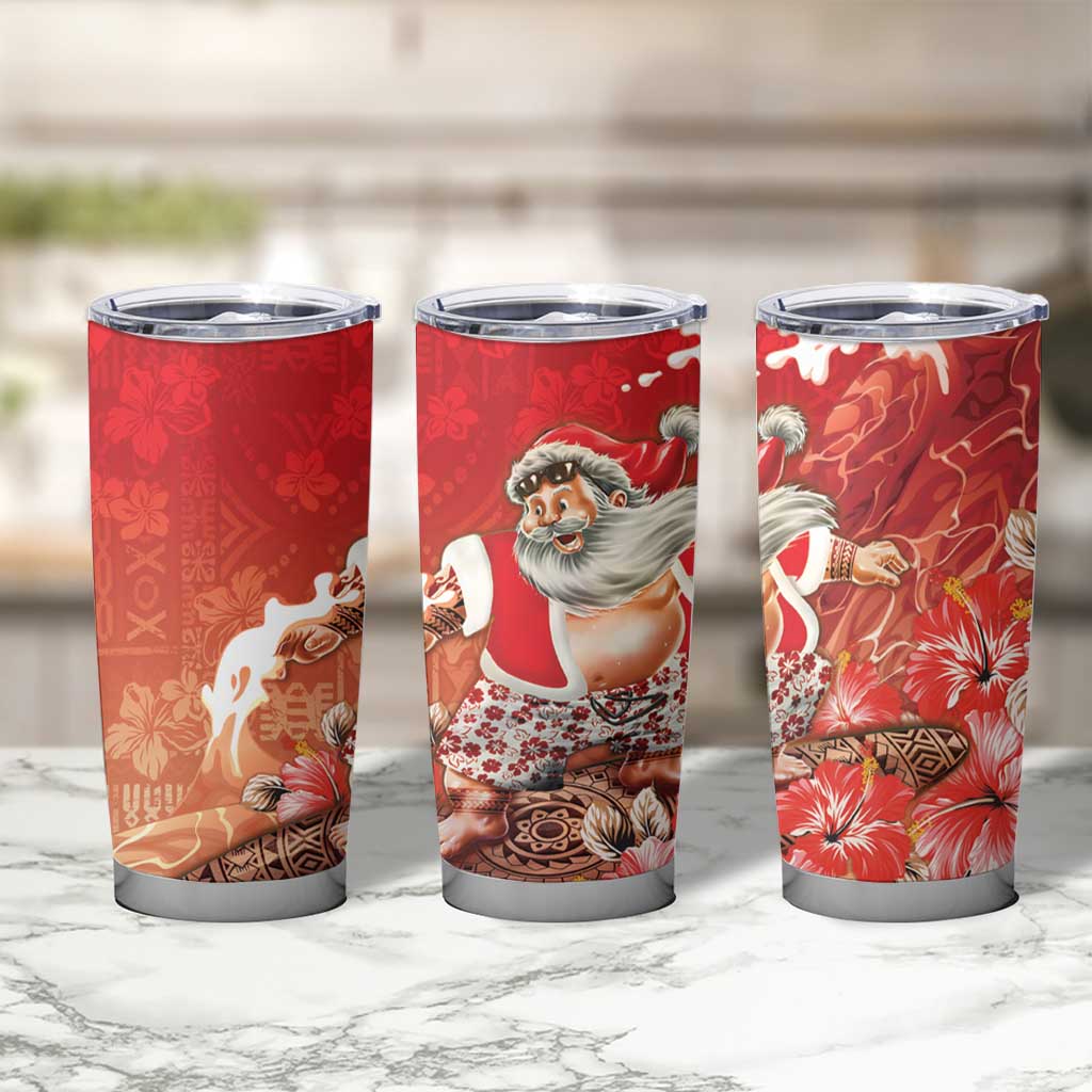 Hawaii Funny Christmas Tumbler Cup Santa Surfing With Tapa Pattern - Polynesian Pride