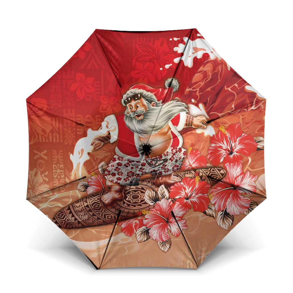 Hawaii Funny Christmas Umbrella Santa Surfing With Tapa Pattern - Polynesian Pride