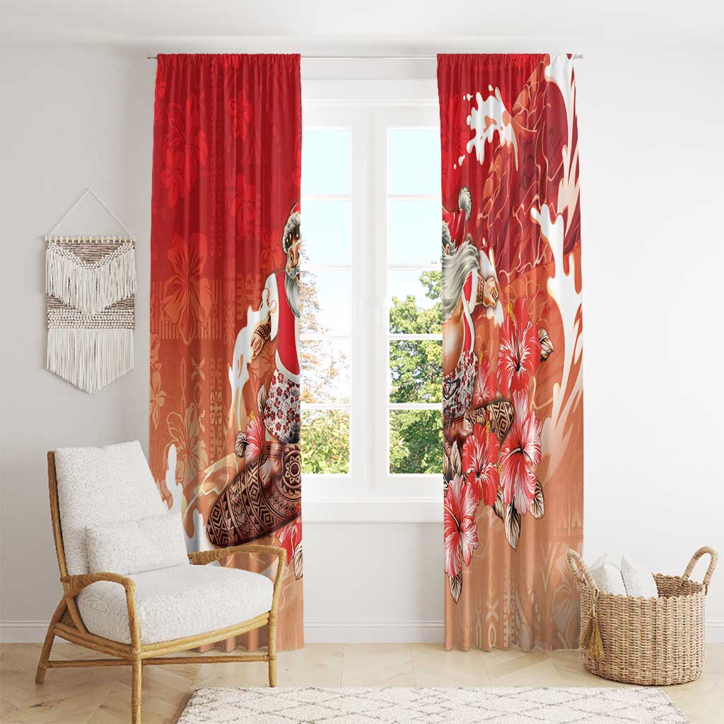 Hawaii Funny Christmas Window Curtain Santa Surfing With Tapa Pattern - Polynesian Pride