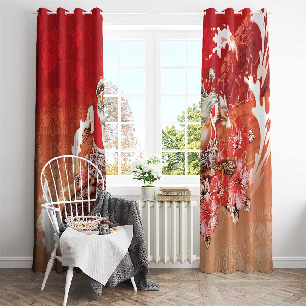 Hawaii Funny Christmas Window Curtain Santa Surfing With Tapa Pattern - Polynesian Pride