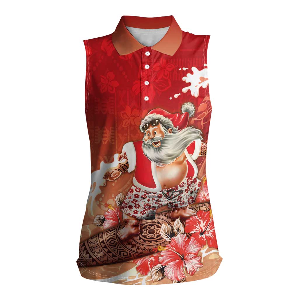 Hawaii Funny Christmas Women Sleeveless Polo Shirt Santa Surfing With Tapa Pattern - Polynesian Pride