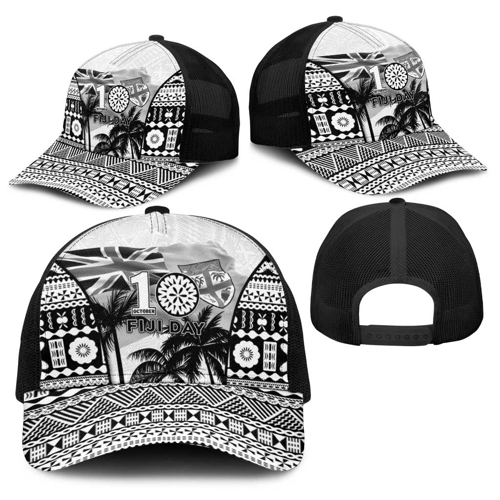 Fiji Day 2026 Baseball Net Cap Masi Tapa Pattern With Palm Tree White Version LT05 - Polynesian Pride