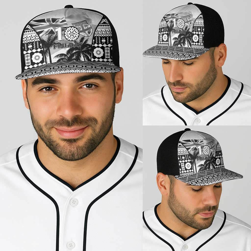 Fiji Day 2026 Baseball Net Cap Masi Tapa Pattern With Palm Tree White Version LT05 - Polynesian Pride