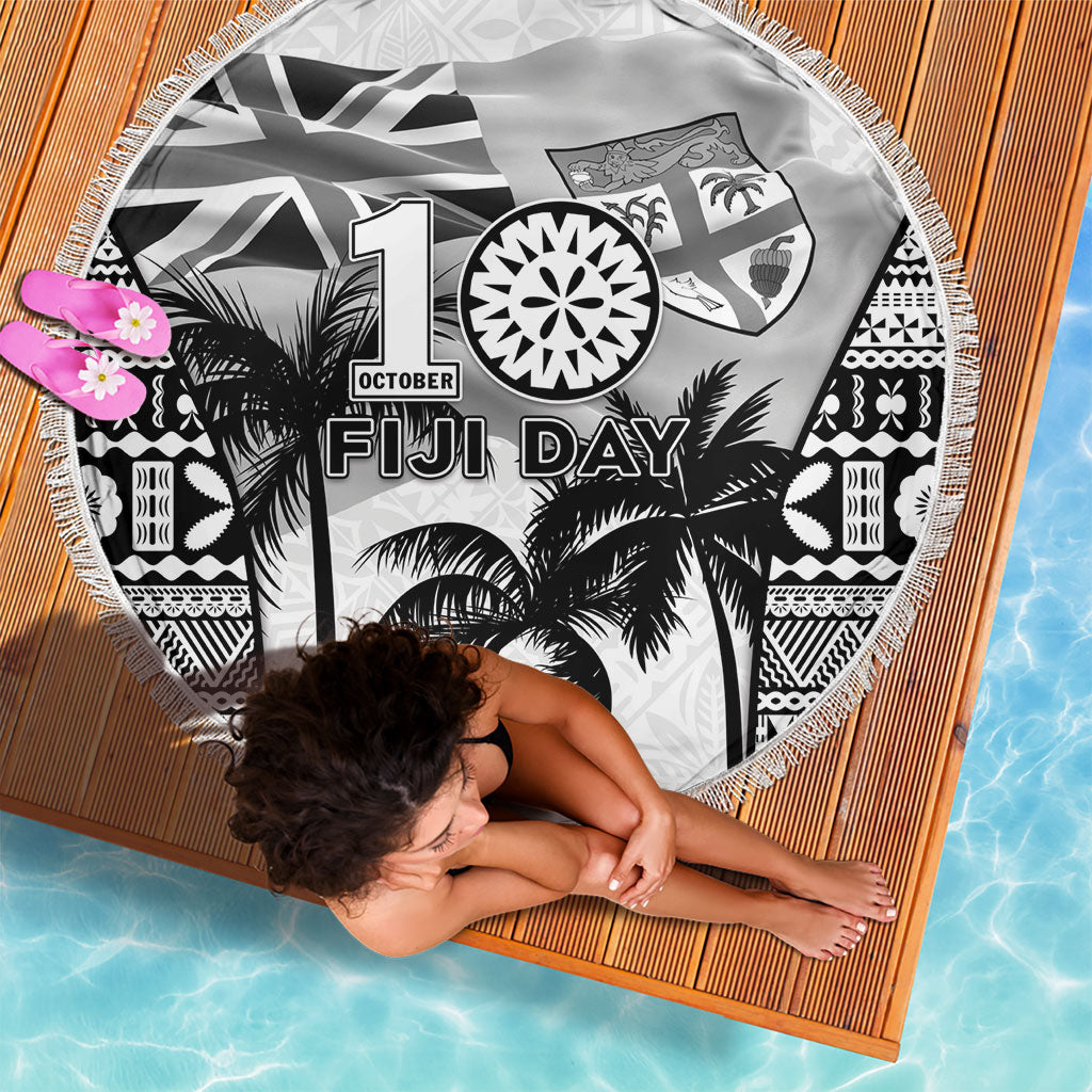 Fiji Day 2026 Beach Blanket Masi Tapa Pattern With Palm Tree White Version LT05 - Polynesian Pride