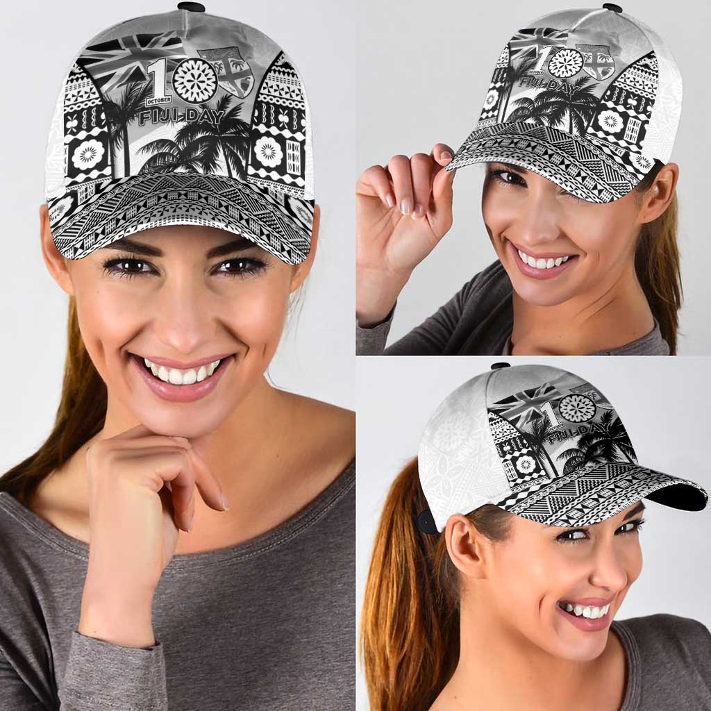 Fiji Day 2026 Classic Cap Masi Tapa Pattern With Palm Tree White Version LT05 - Polynesian Pride