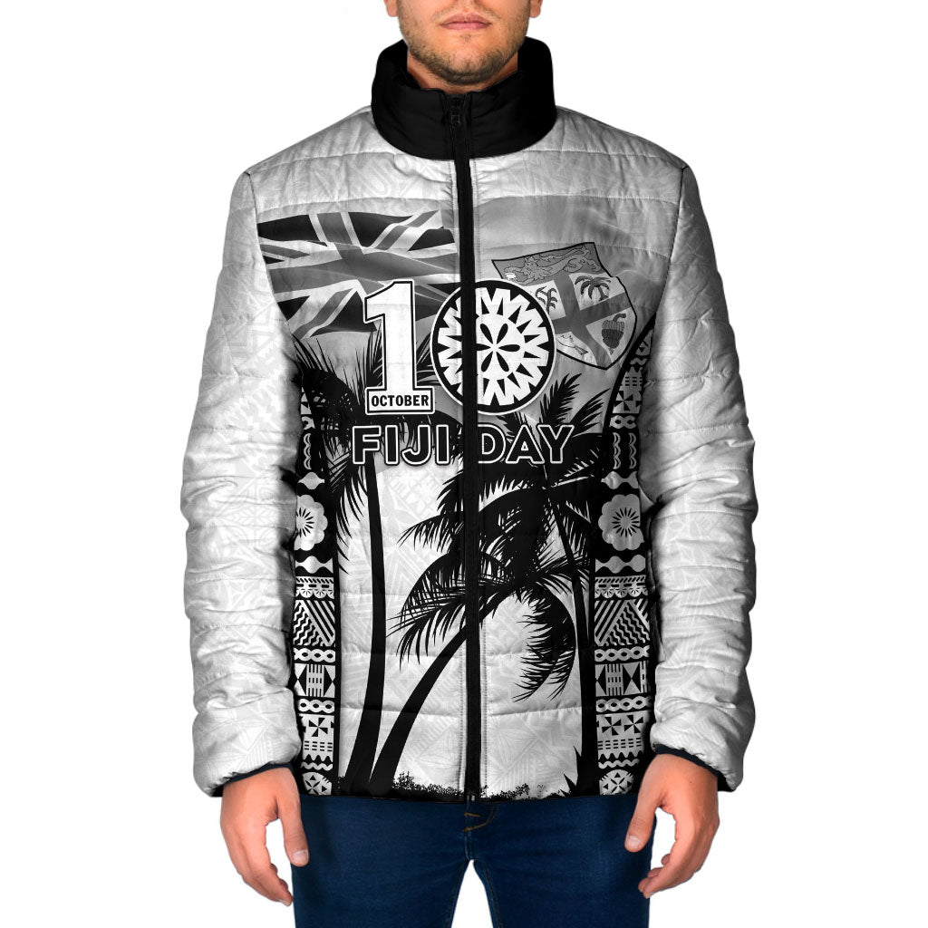 Personalised Fiji Day 2026 Padded Jacket Masi Tapa Pattern With Palm Tree White Version