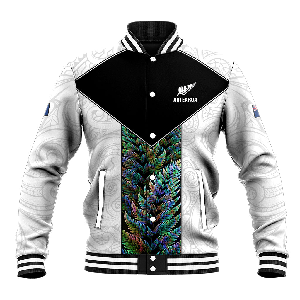 Custom New Zealand Fern Rugby Baseball Jacket World Cup 2023 Paua Shell Maori Pattern LT05 Unisex White - Polynesian Pride