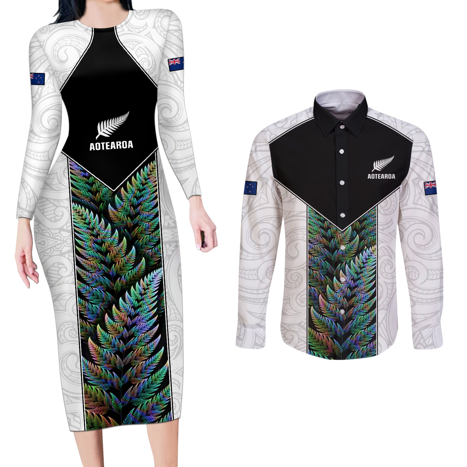 Custom New Zealand Fern Rugby Couples Matching Long Sleeve Bodycon Dress and Long Sleeve Button Shirt World Cup 2023 Paua Shell Maori Pattern LT05 White - Polynesian Pride