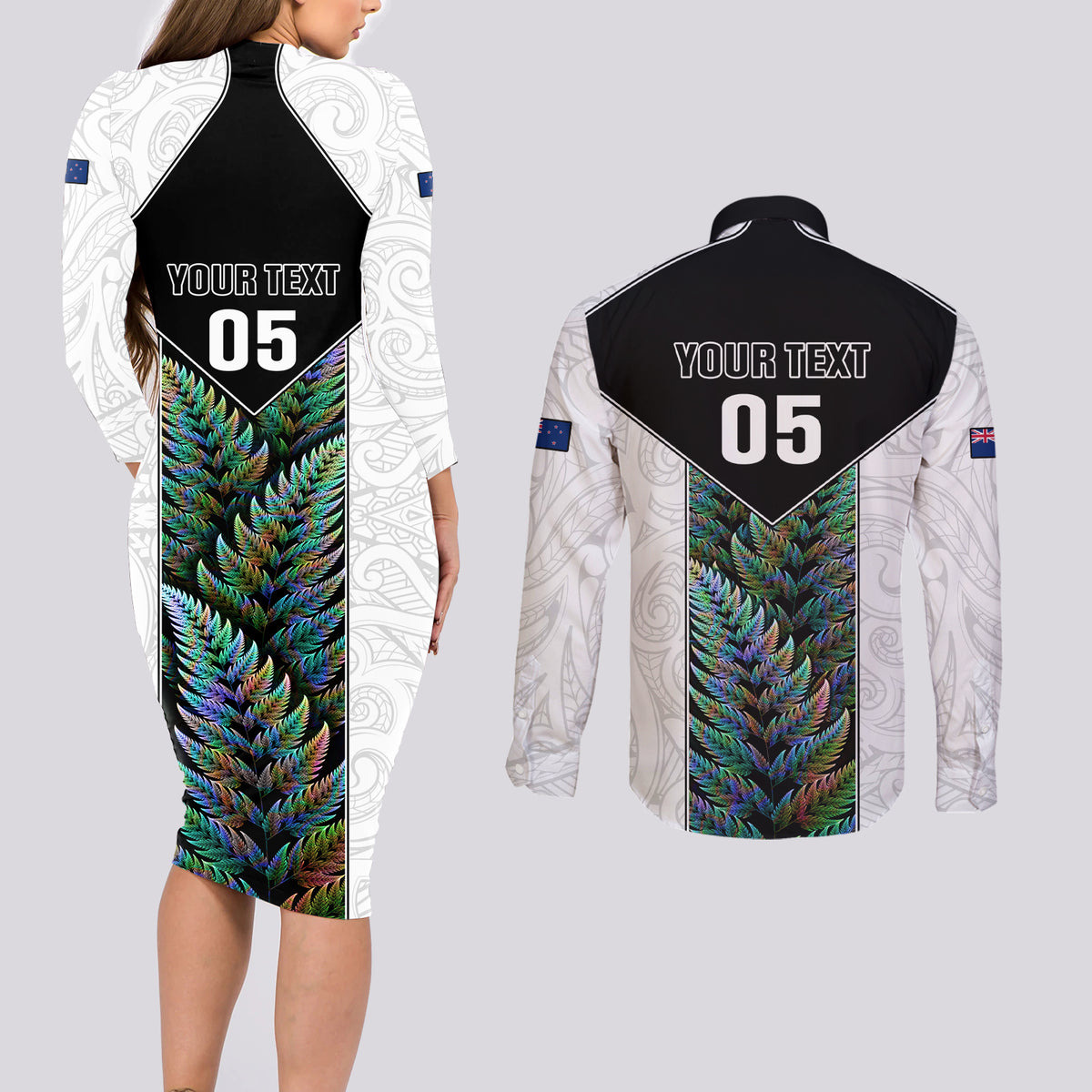 Custom New Zealand Fern Rugby Couples Matching Long Sleeve Bodycon Dress and Long Sleeve Button Shirt World Cup 2023 Paua Shell Maori Pattern LT05 - Polynesian Pride