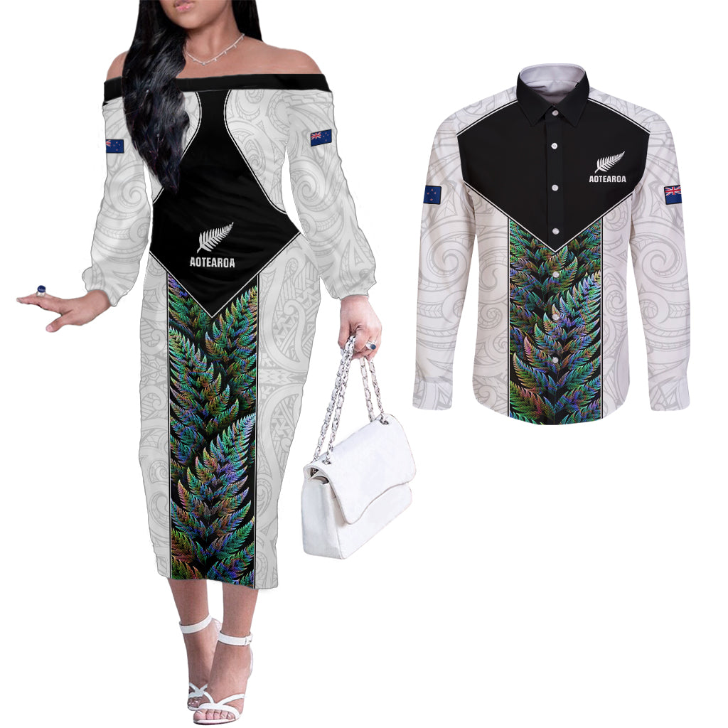 Custom New Zealand Fern Rugby Couples Matching Off The Shoulder Long Sleeve Dress and Long Sleeve Button Shirt World Cup 2023 Paua Shell Maori Pattern LT05 White - Polynesian Pride