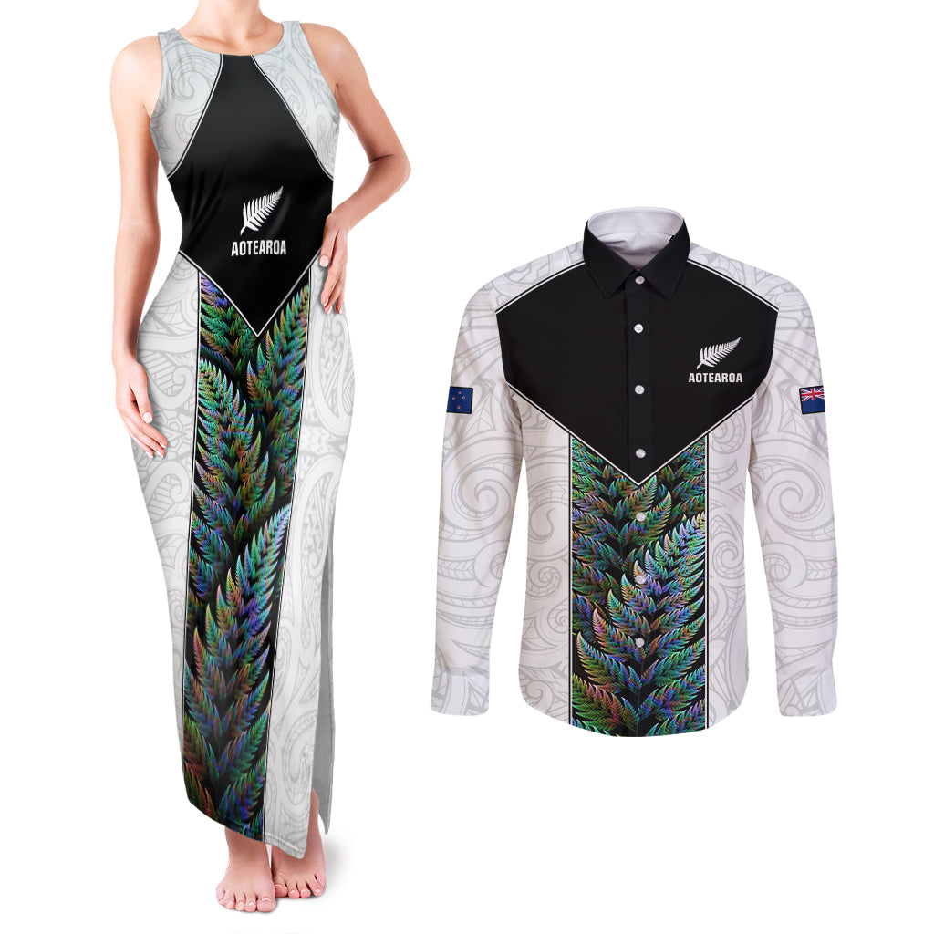 Custom New Zealand Fern Rugby Couples Matching Tank Maxi Dress and Long Sleeve Button Shirt World Cup 2023 Paua Shell Maori Pattern LT05 White - Polynesian Pride