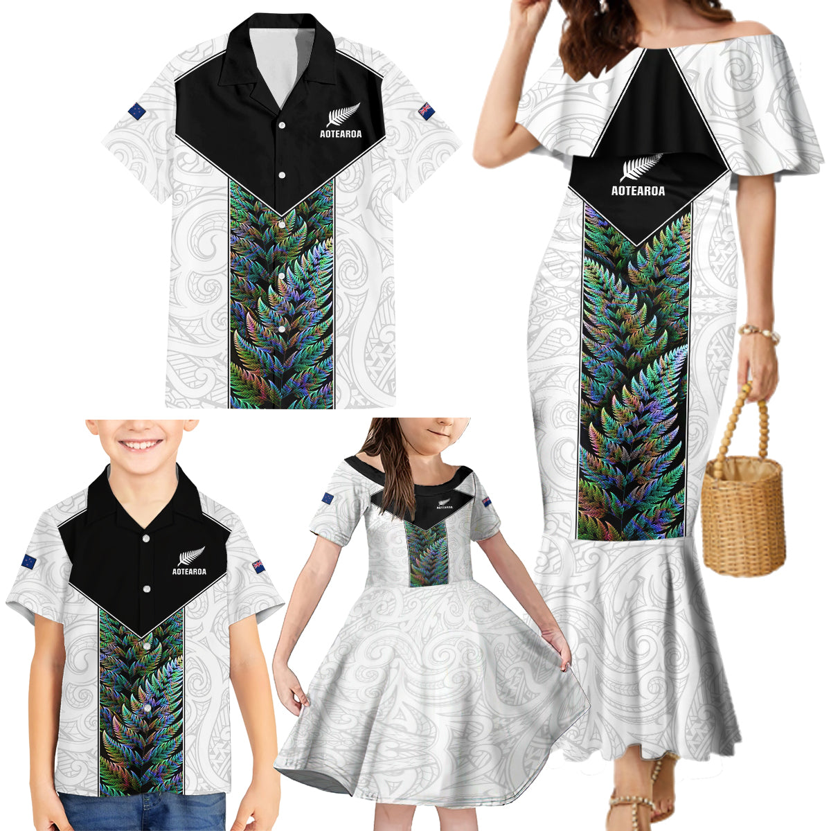 Custom New Zealand Fern Rugby Family Matching Mermaid Dress and Hawaiian Shirt World Cup 2023 Paua Shell Maori Pattern LT05 - Polynesian Pride