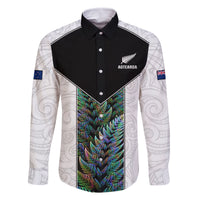 Custom New Zealand Fern Rugby Family Matching Off Shoulder Short Dress and Hawaiian Shirt World Cup 2023 Paua Shell Maori Pattern LT05 Dad's Shirt - Long Sleeve White - Polynesian Pride