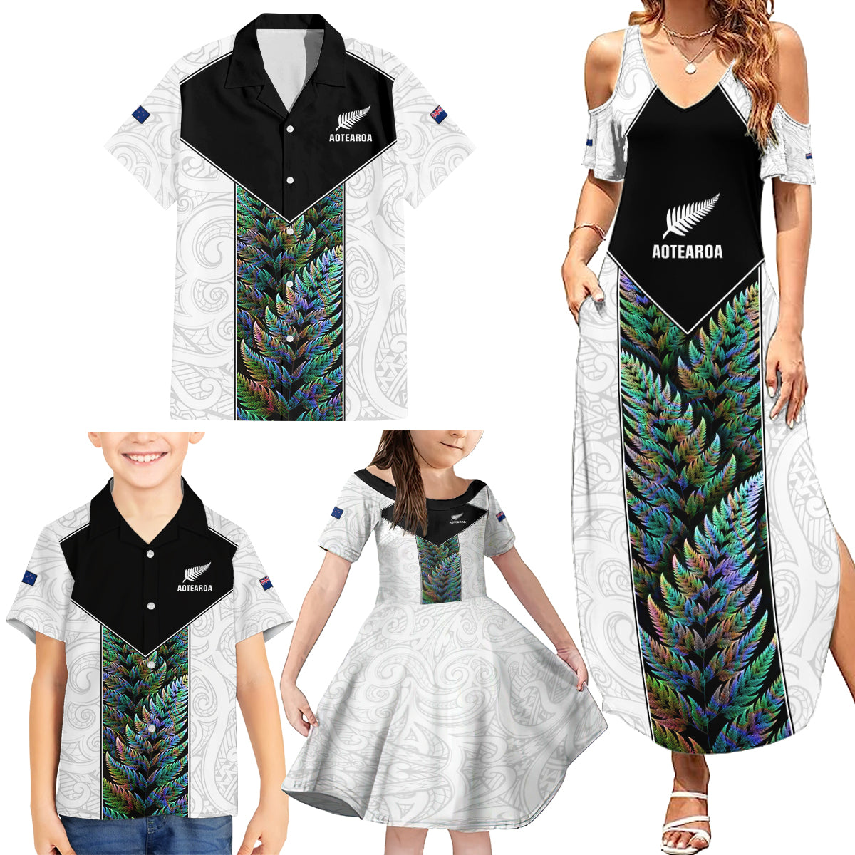 Custom New Zealand Fern Rugby Family Matching Summer Maxi Dress and Hawaiian Shirt World Cup 2023 Paua Shell Maori Pattern LT05 - Polynesian Pride