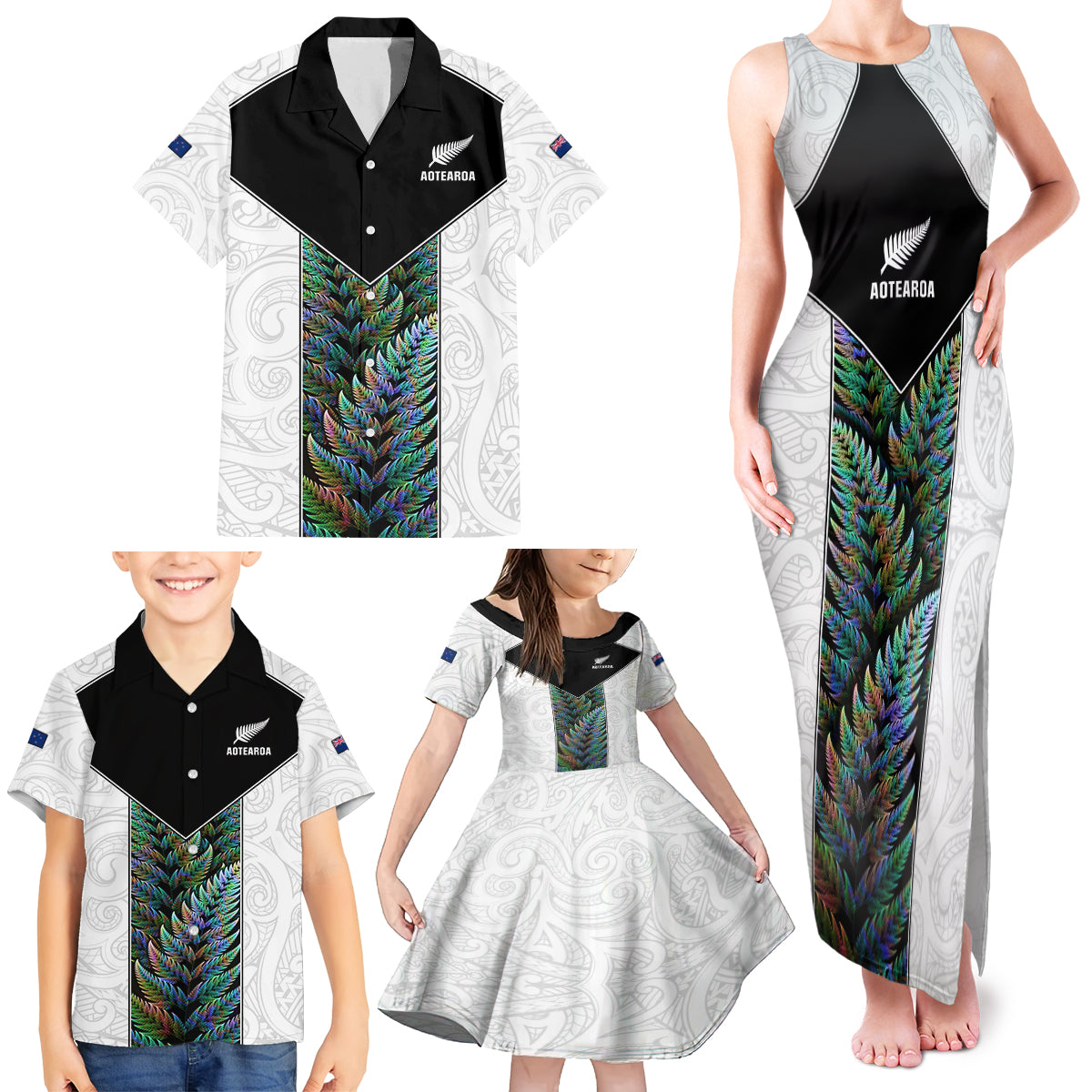 Custom New Zealand Fern Rugby Family Matching Tank Maxi Dress and Hawaiian Shirt World Cup 2023 Paua Shell Maori Pattern LT05 - Polynesian Pride