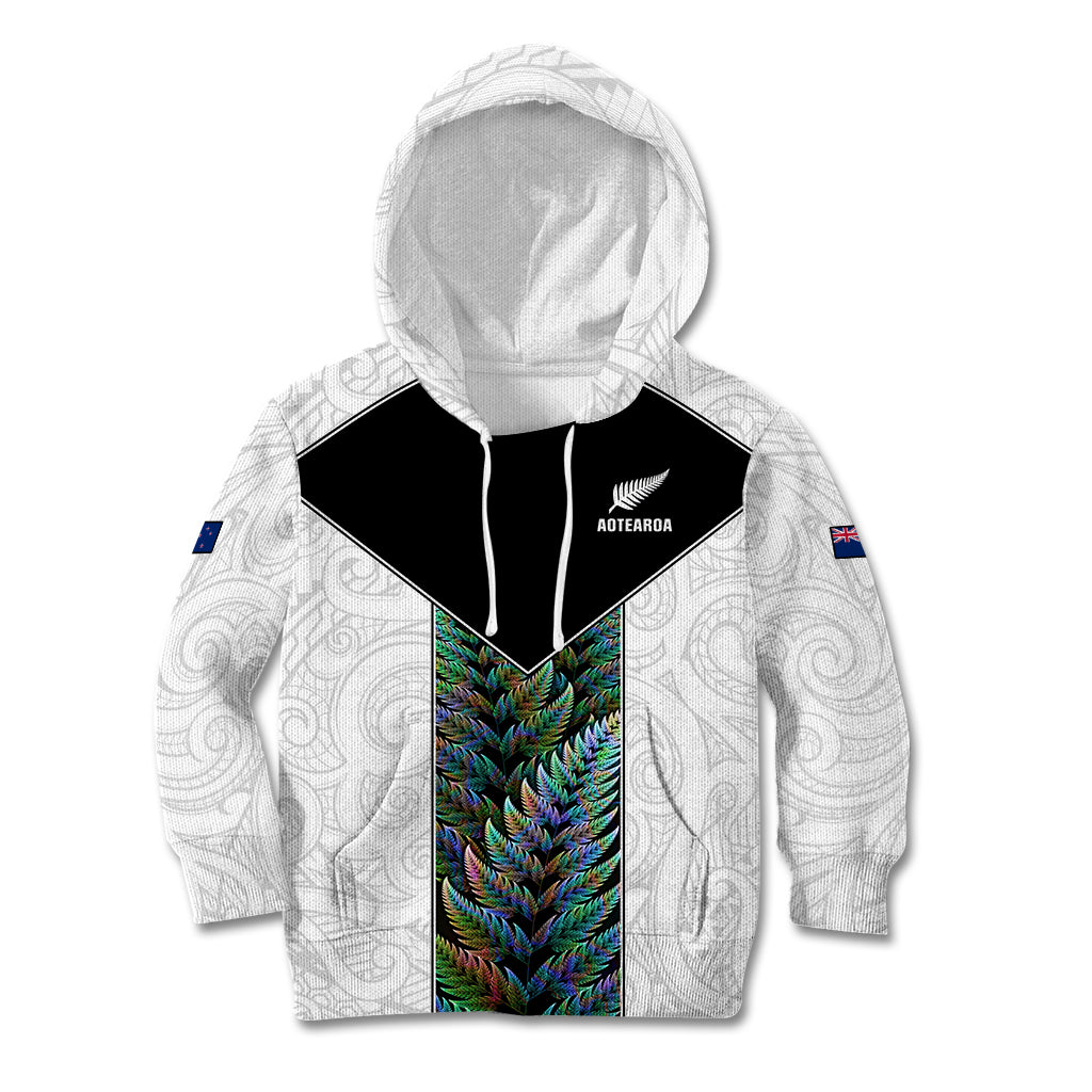 Custom New Zealand Fern Rugby Kid Hoodie World Cup 2023 Paua Shell Maori Pattern LT05 White - Polynesian Pride