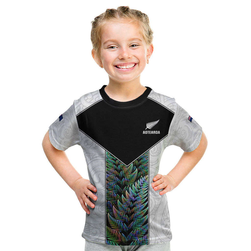 Custom New Zealand Fern Rugby Kid T Shirt World Cup 2023 Paua Shell Maori Pattern LT05 White - Polynesian Pride