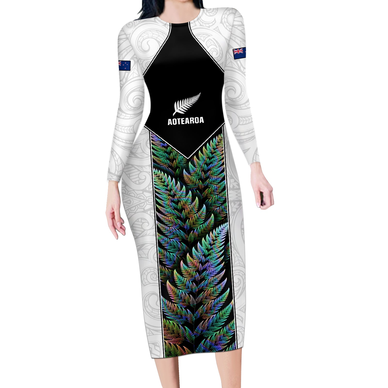 Custom New Zealand Fern Rugby Long Sleeve Bodycon Dress World Cup 2023 Paua Shell Maori Pattern LT05 Long Dress White - Polynesian Pride