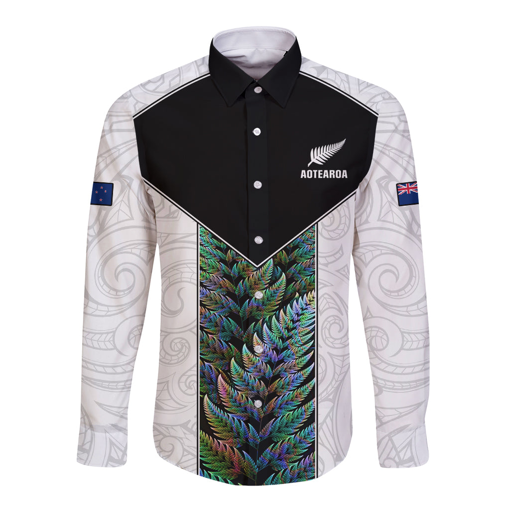 Custom New Zealand Fern Rugby Long Sleeve Button Shirt World Cup 2023 Paua Shell Maori Pattern LT05 Unisex White - Polynesian Pride