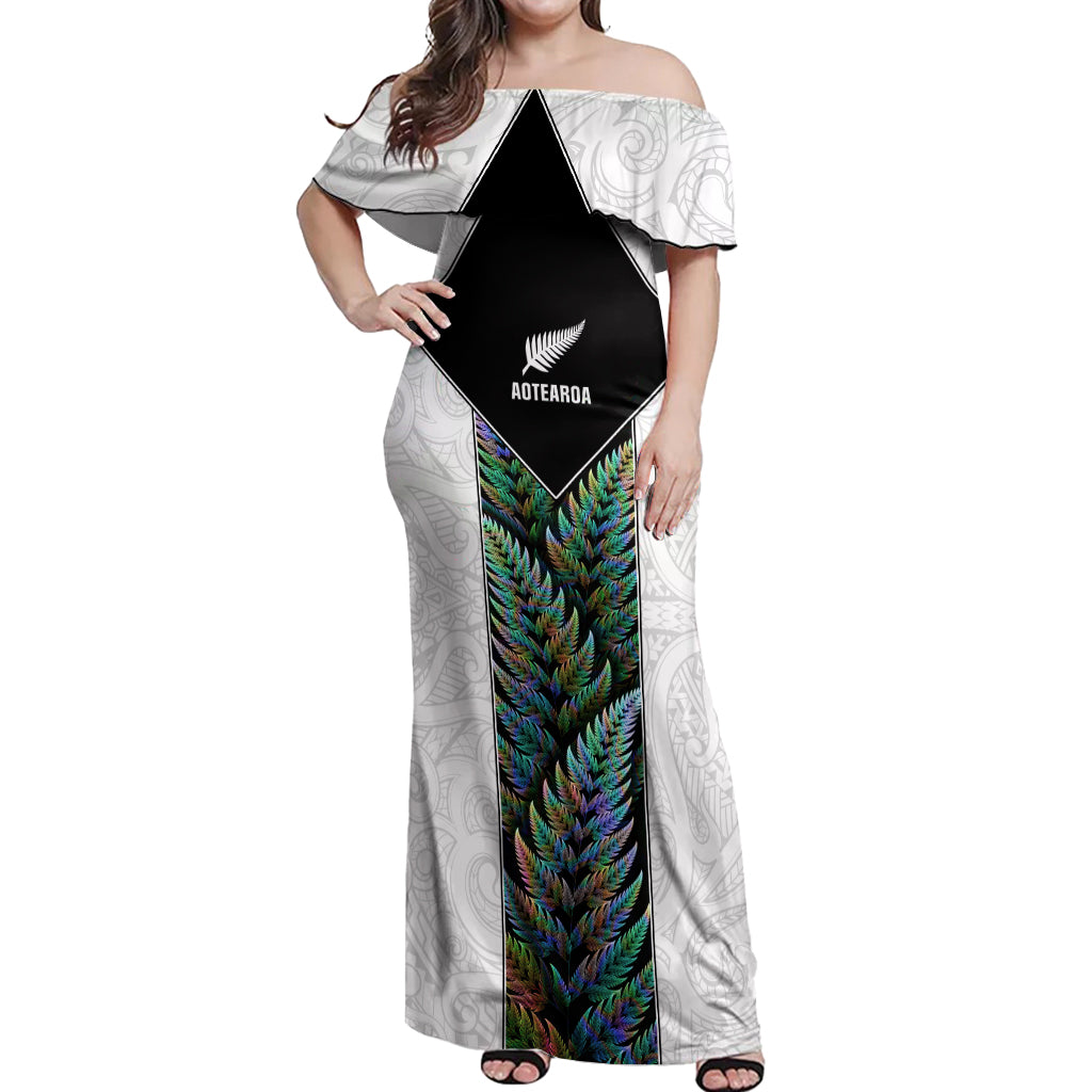 Custom New Zealand Fern Rugby Off Shoulder Maxi Dress World Cup 2023 Paua Shell Maori Pattern LT05 Women White - Polynesian Pride