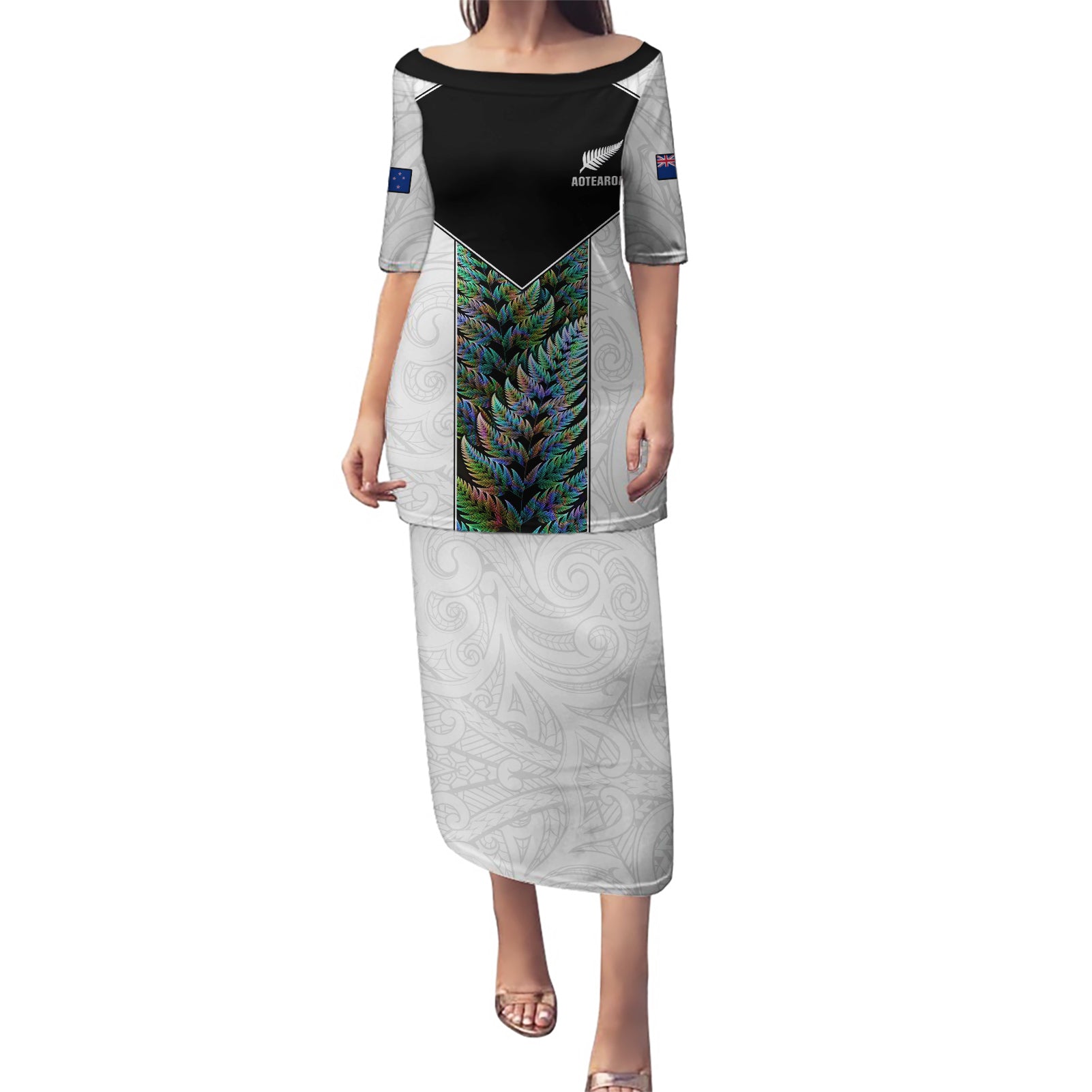 Custom New Zealand Fern Rugby Puletasi World Cup 2023 Paua Shell Maori Pattern LT05 Long Dress White - Polynesian Pride