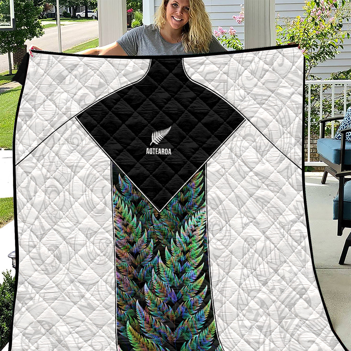 New Zealand Fern Rugby Quilt World Cup 2023 Paua Shell Maori Pattern LT05 White - Polynesian Pride