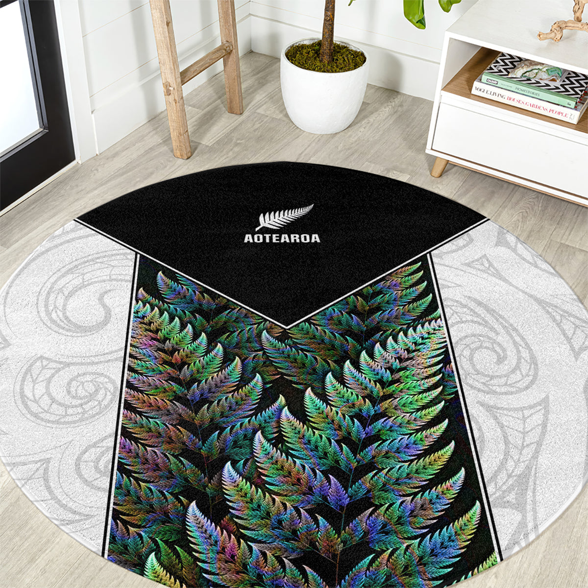 New Zealand Fern Rugby Round Carpet World Cup 2023 Paua Shell Maori Pattern LT05 White - Polynesian Pride