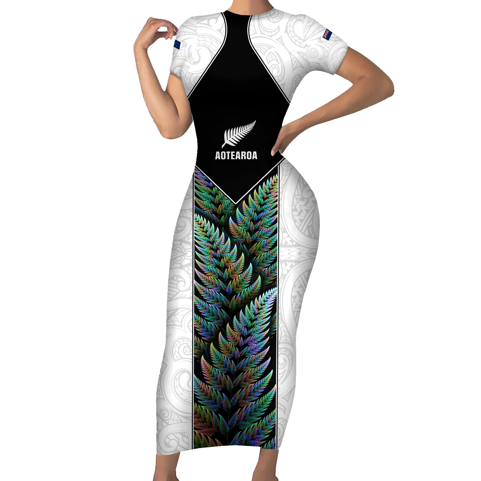 Custom New Zealand Fern Rugby Short Sleeve Bodycon Dress World Cup 2023 Paua Shell Maori Pattern LT05 Long Dress White - Polynesian Pride