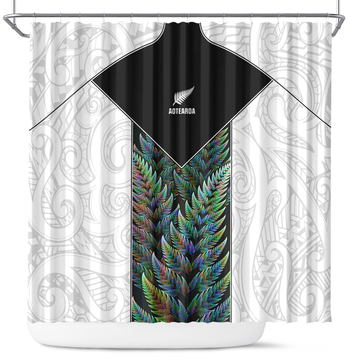 New Zealand Fern Rugby Shower Curtain World Cup 2023 Paua Shell Maori Pattern LT05 White - Polynesian Pride