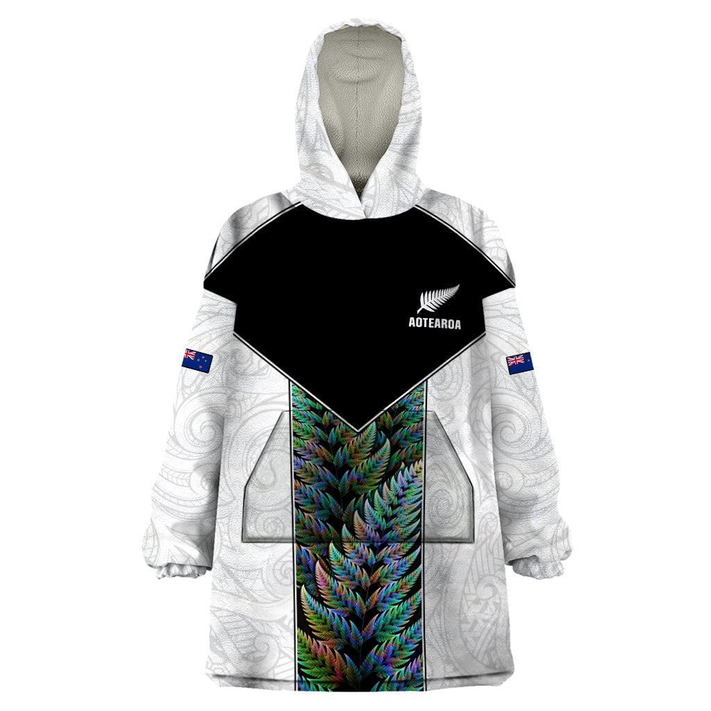 Custom New Zealand Fern Rugby Wearable Blanket Hoodie World Cup 2023 Paua Shell Maori Pattern LT05 One Size White - Polynesian Pride