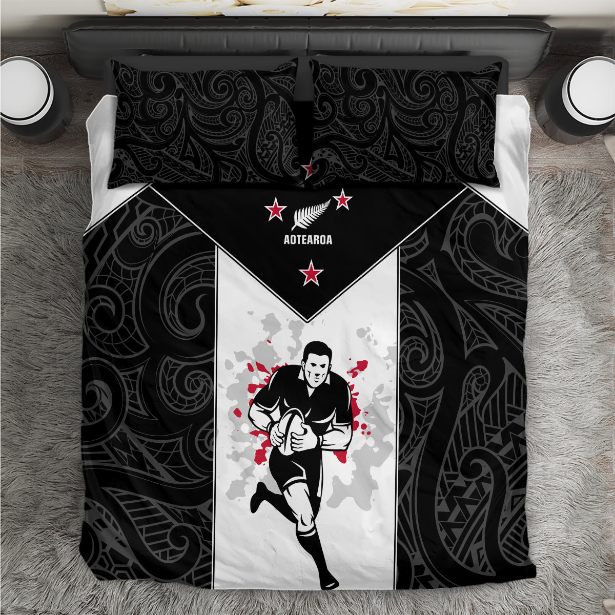 New Zealand Player Rugby Bedding Set World Cup 2023 Maori Pattern LT05 Black - Polynesian Pride