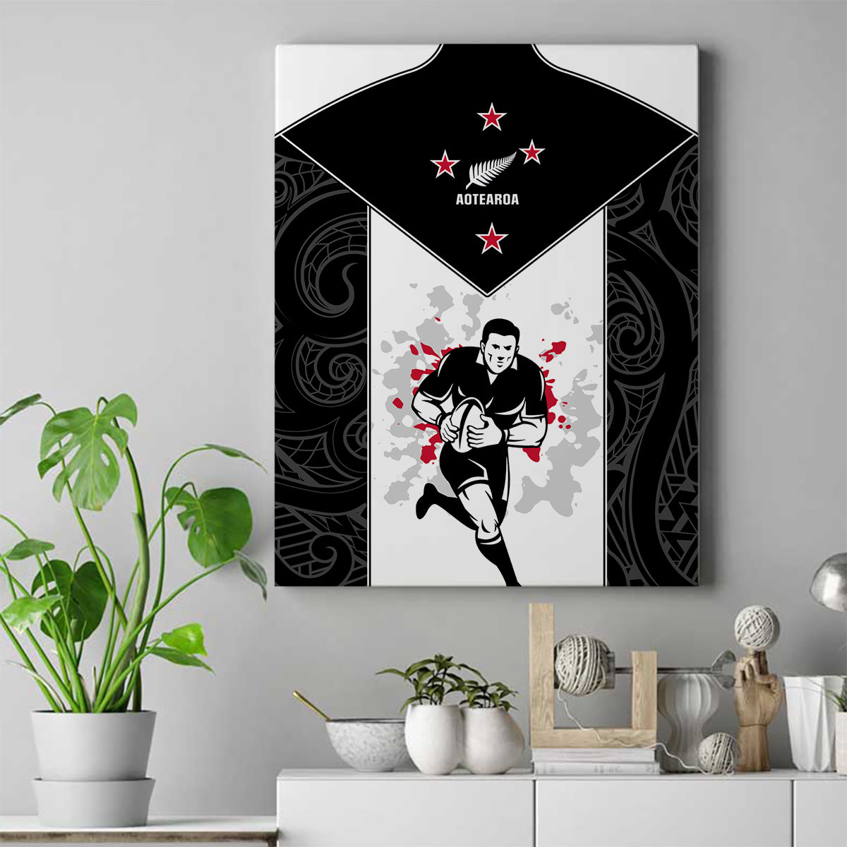 New Zealand Player Rugby Canvas Wall Art World Cup 2023 Maori Pattern LT05 Black - Polynesian Pride