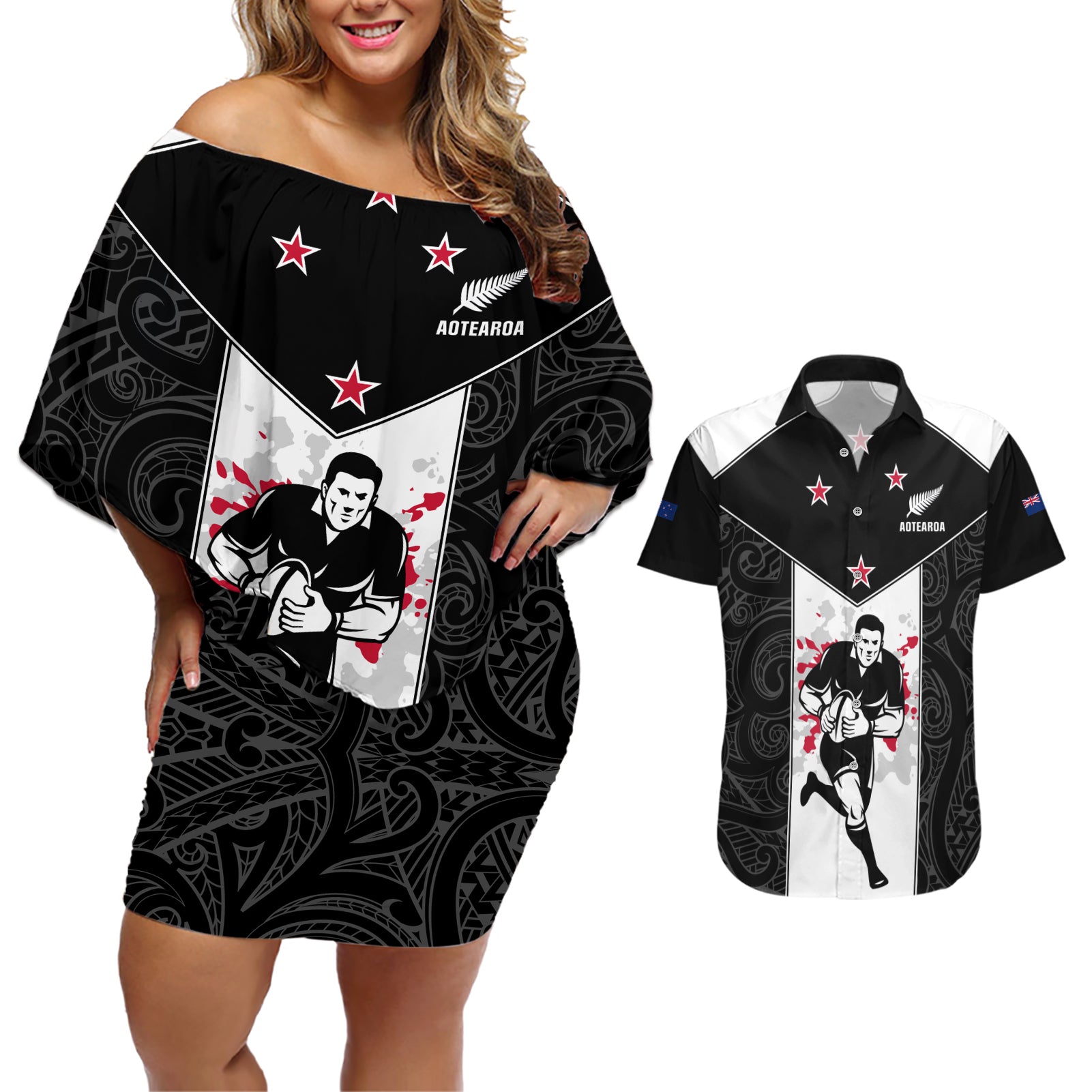 Custom New Zealand Player Rugby Couples Matching Off Shoulder Short Dress and Hawaiian Shirt World Cup 2023 Maori Pattern LT05 Black - Polynesian Pride