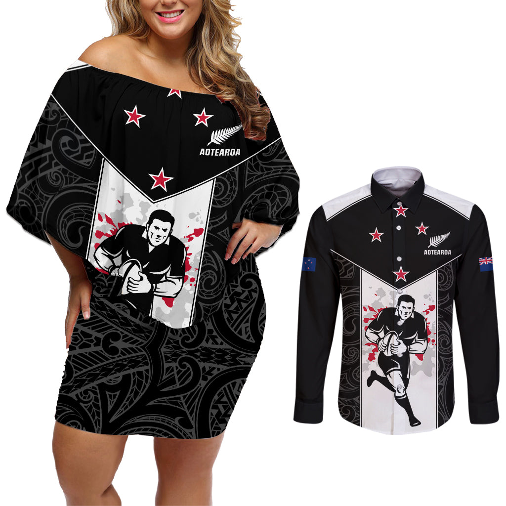 Custom New Zealand Player Rugby Couples Matching Off Shoulder Short Dress and Long Sleeve Button Shirt World Cup 2023 Maori Pattern LT05 Black - Polynesian Pride