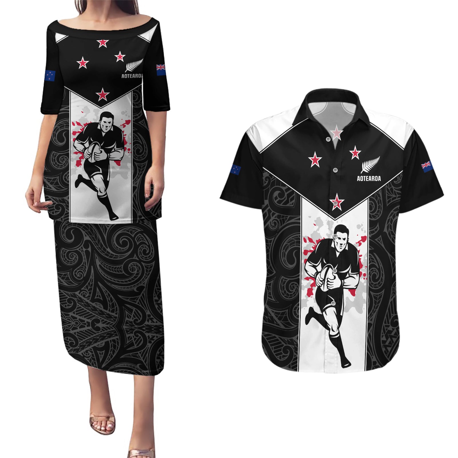 Custom New Zealand Player Rugby Couples Matching Puletasi Dress and Hawaiian Shirt World Cup 2023 Maori Pattern LT05 Black - Polynesian Pride