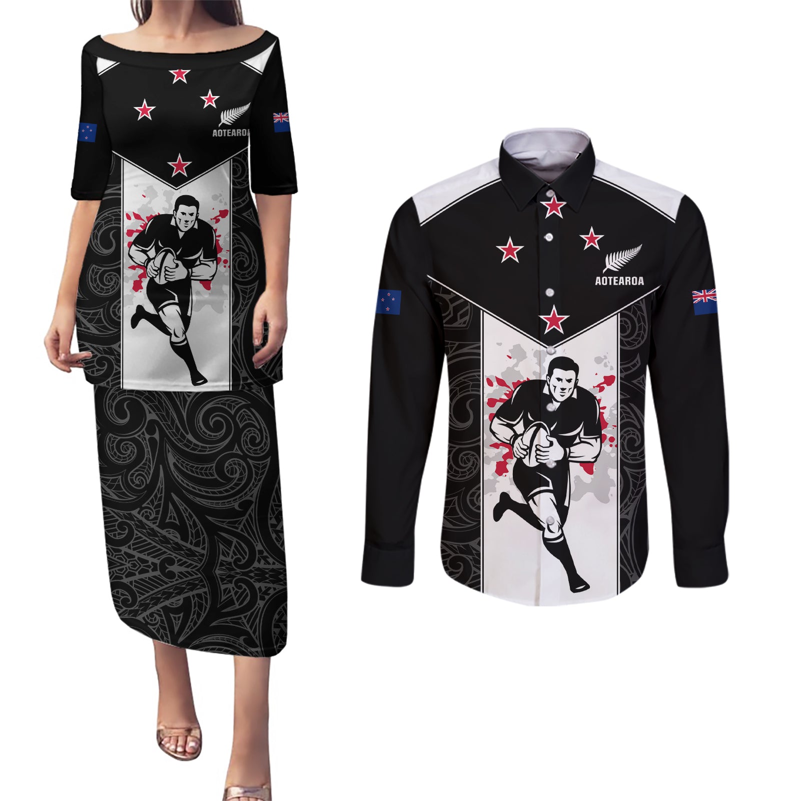 Custom New Zealand Player Rugby Couples Matching Puletasi Dress and Long Sleeve Button Shirt World Cup 2023 Maori Pattern LT05 Black - Polynesian Pride